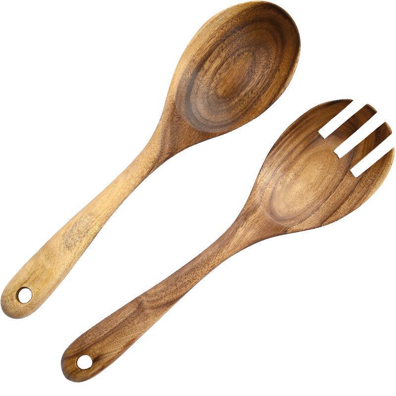 Large Wooden Spoon Set Big Salad Serving Spoon Fork Natural Wood Tablespoon Long Handled Cooking Spoon Kitchen Utensils