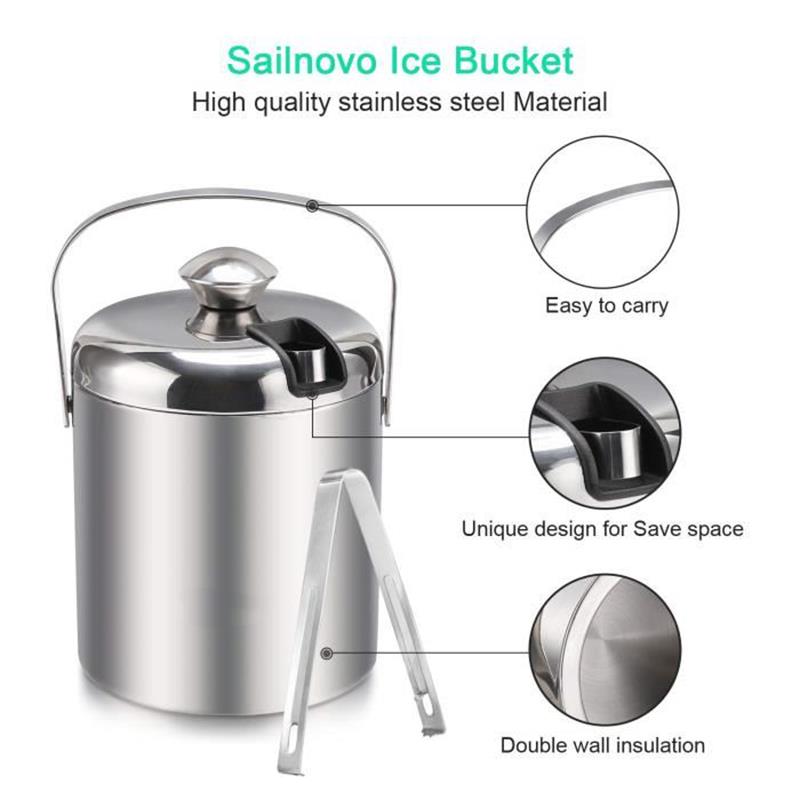 YMEEI 1.3L Ice Bar Bucket Stainless Steel Double Wall Ice Cube Container Champagne Bucket With Tongs Lid Home Bar Tool