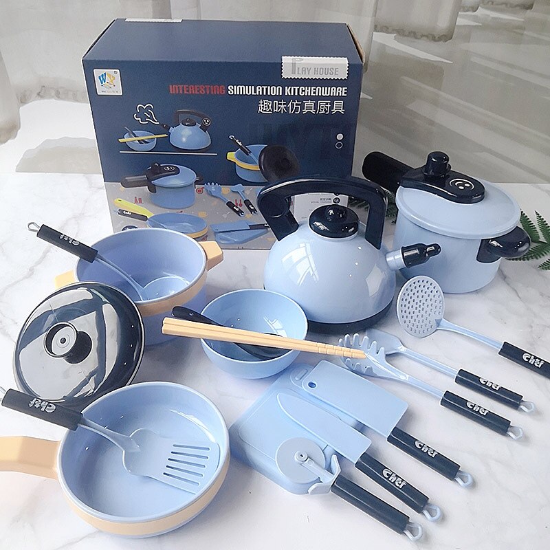 Children's Puzzle Simulation Play House Kitchen Toys Girls Simulation Cooking Tableware Set Children Toys: Blue 16 piece set