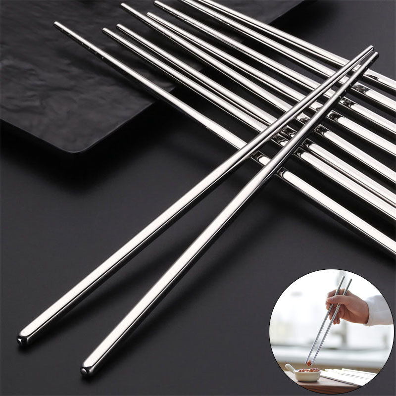 Juego de palillos de acero inoxidable Metal chino, antideslizante, portátil, reutilizable, para comida, palitos de Sushi, utensilios de cocina para el hogar