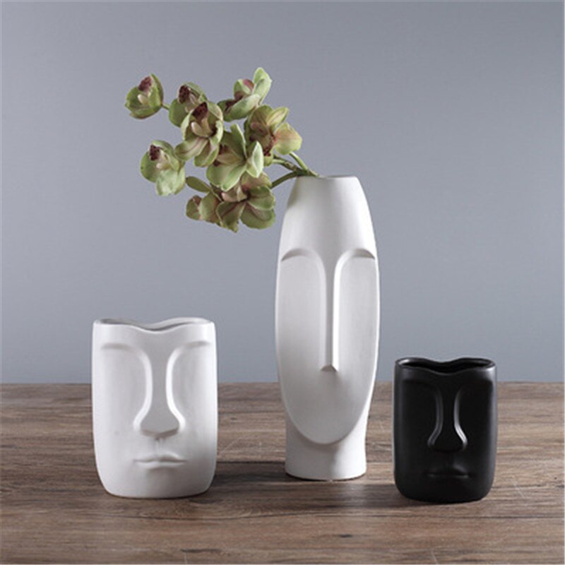 Nordisk minimalistisk keramisk abstrakt vase sort og hvid menneskeligt ansigt udstillingsværelse dekorativt figurhovedform vase x2199