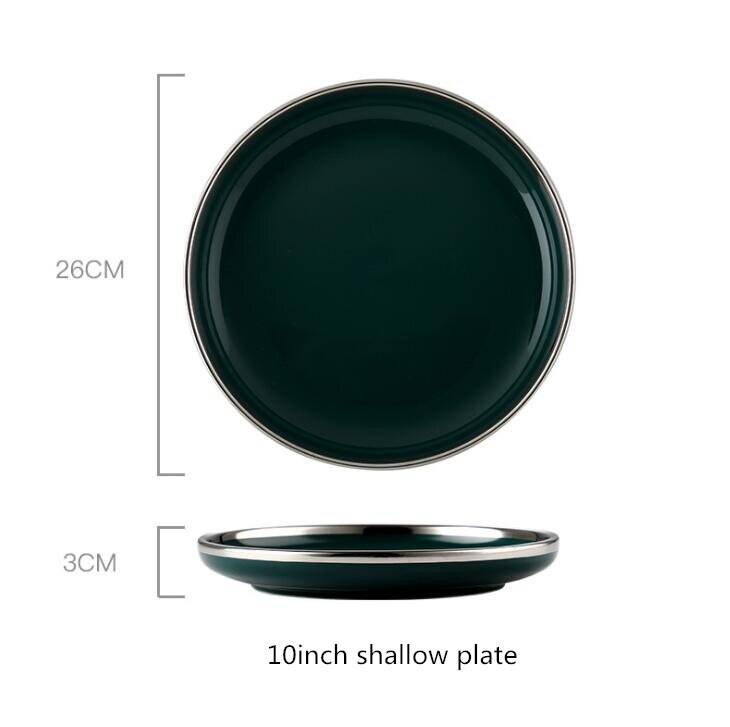 Zilveren rand retro nordic light luxe keramisch servies donkergroen servies serie hotel servies set westerse gerechten 1pc: 10 inch ondiep bord