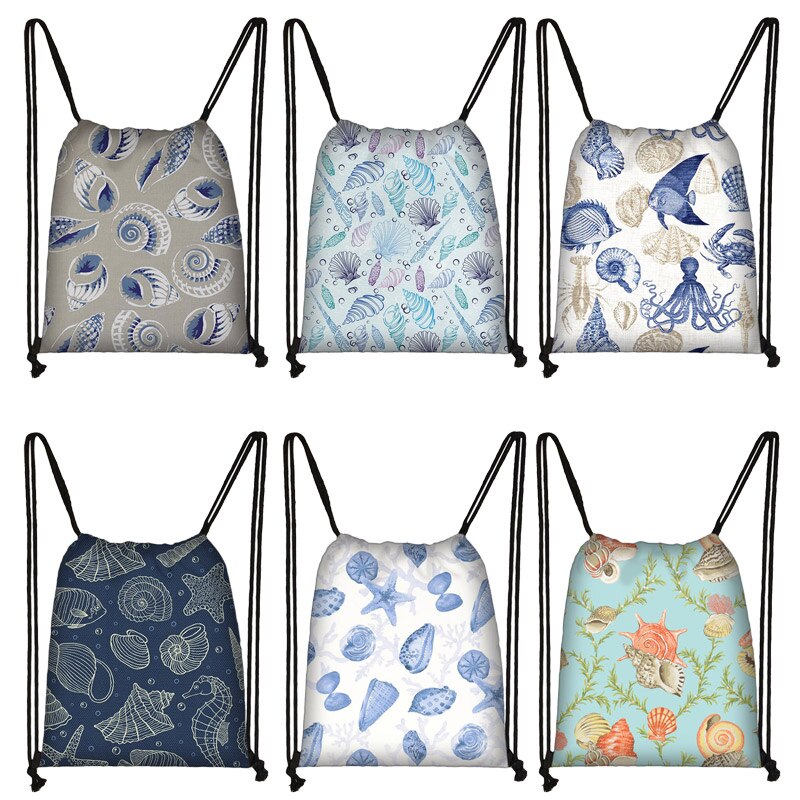 Zee Conch Tekening Afdrukken Trekkoord Tas Vrouwen Opbergtas Jongens Meisjes Casual Fish Zeester Patroon Reistassen Boekentas