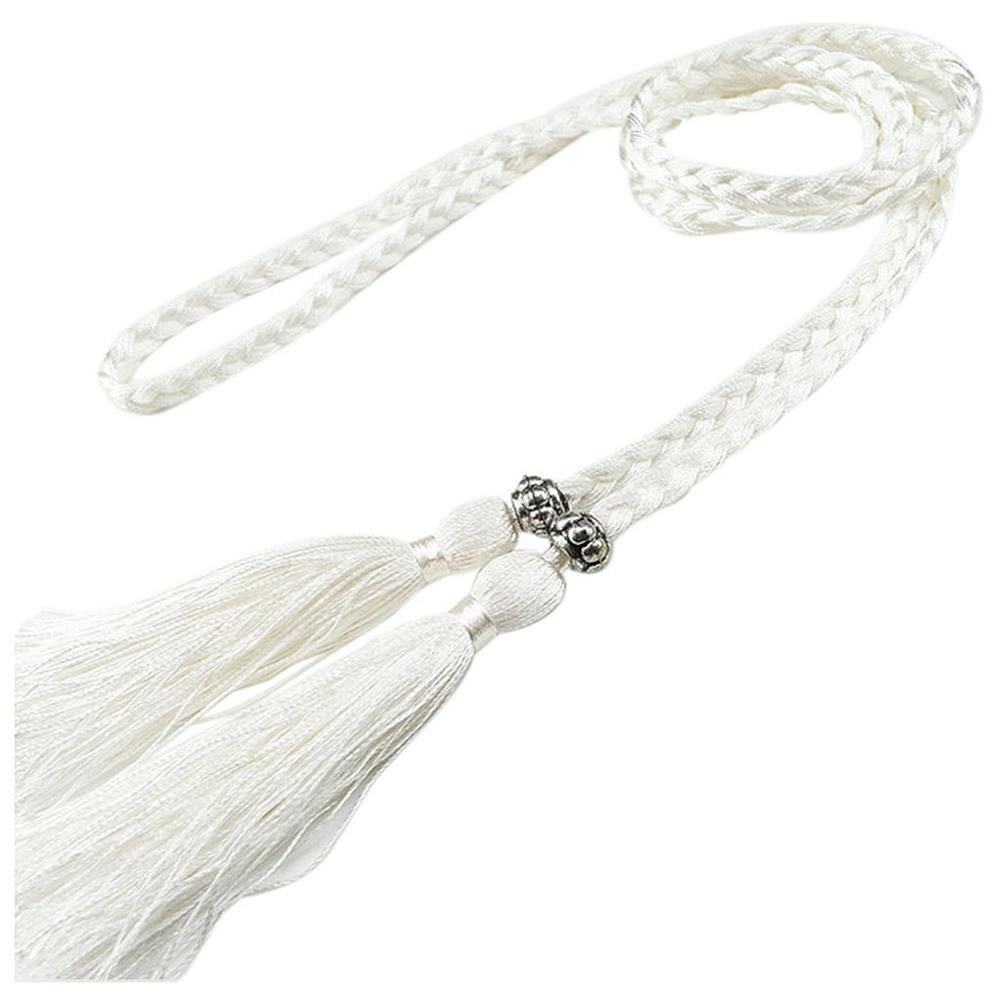 Cinto de borla tecido estilo trançado para mulheres, cintura boêmia para senhoras, corda de cintura, moda chinesa, acessórios de vestido: Branco