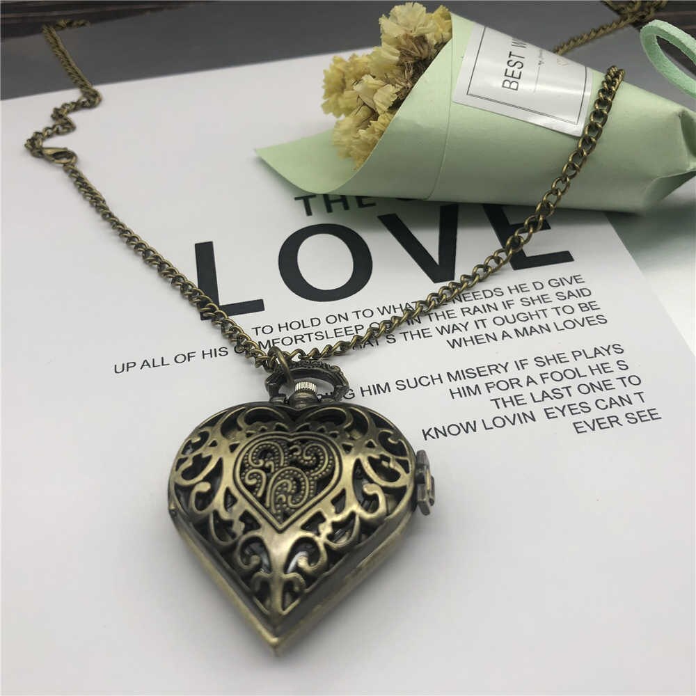 Antique Heart Shape Quartz Pocket Watch for Necklace Chain Lovely Girls Women Watches Girl Birthday CF1065