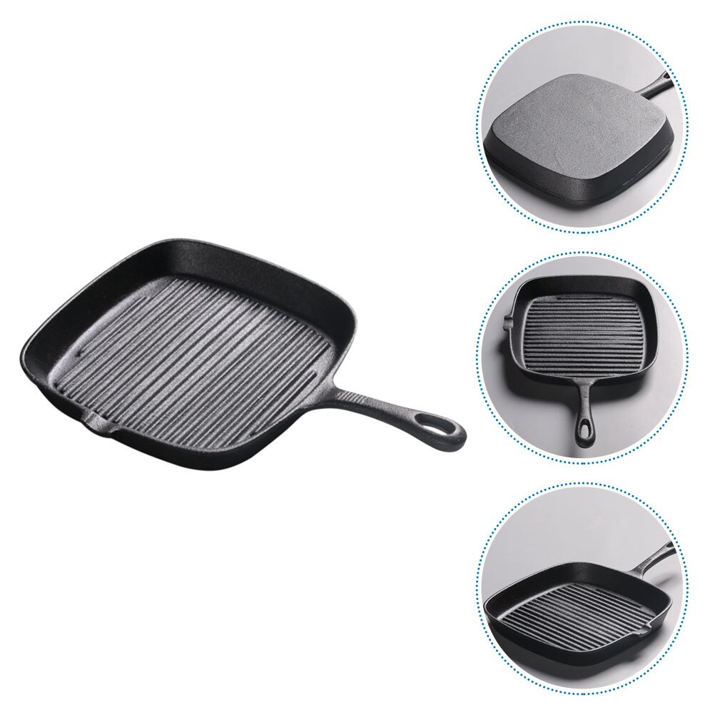 1 Pc Cast Iron Steak Frying Pan Safe Uncoated Non-stick Western Steak Pan (Black)