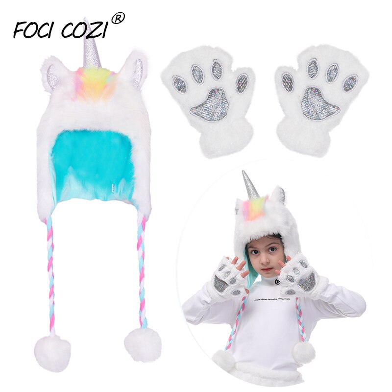 Unicorn Winter Hat Gloves Paws Unicorn Christmas For Girls Winter Faux Fur Hats Glove Set for Beanie Cosplay Photography
