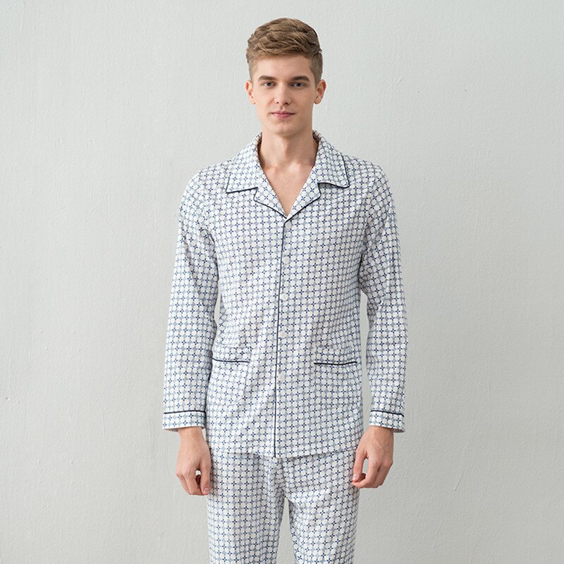 100% katoen Mannen pyjama set lente en herfst mannen pyjama Turn-down kraag lange mouwen nachtkleding nachtkleding thuis kleding