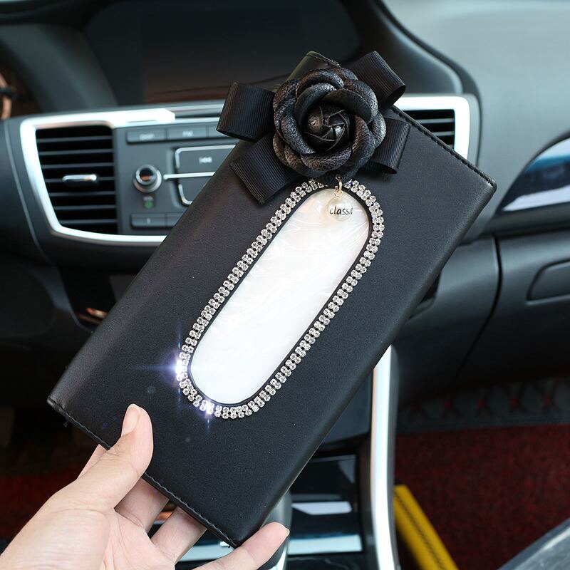 Leuke Bloem Crystal Tissue Doos Papier Houder Voor Auto Zonneklep Leather Opknoping Auto Zonneklep Tissue Gevallen Auto Accessoires: Black