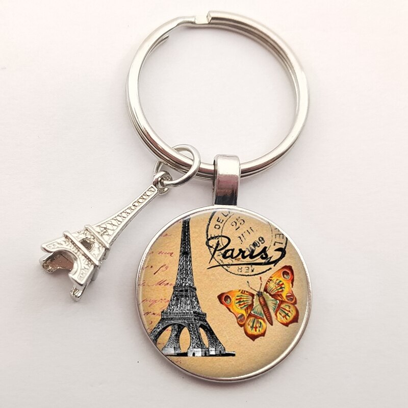 Romantic Paris Eiffel Tower Key Chains Art Lady Wander Drawing Glass Pendant Cute Keychain Keyring Women Bag Jewelry: Silver-37