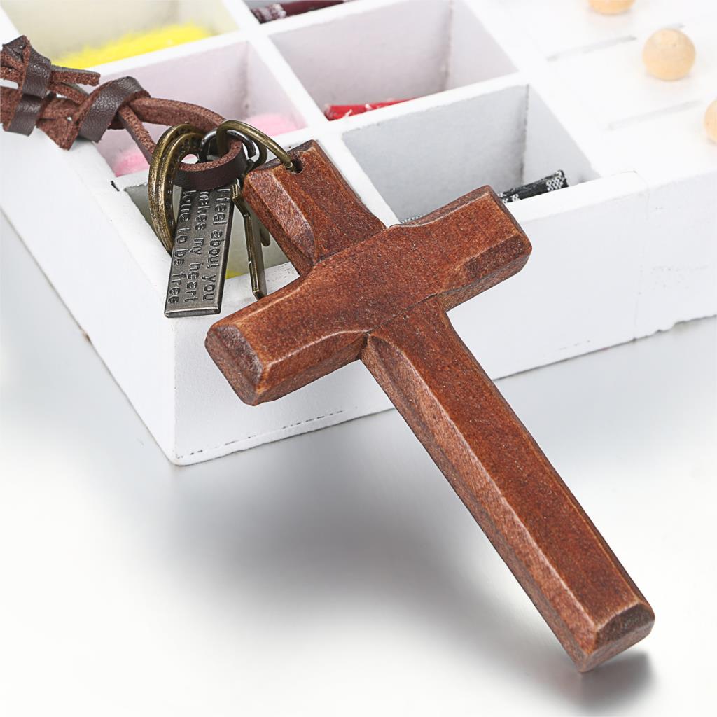 BONISKISS Vintage Wood Cross Necklaces For Men Adjustable Leather Necklace Cool Decoration For Man Birthday Male Jewelry