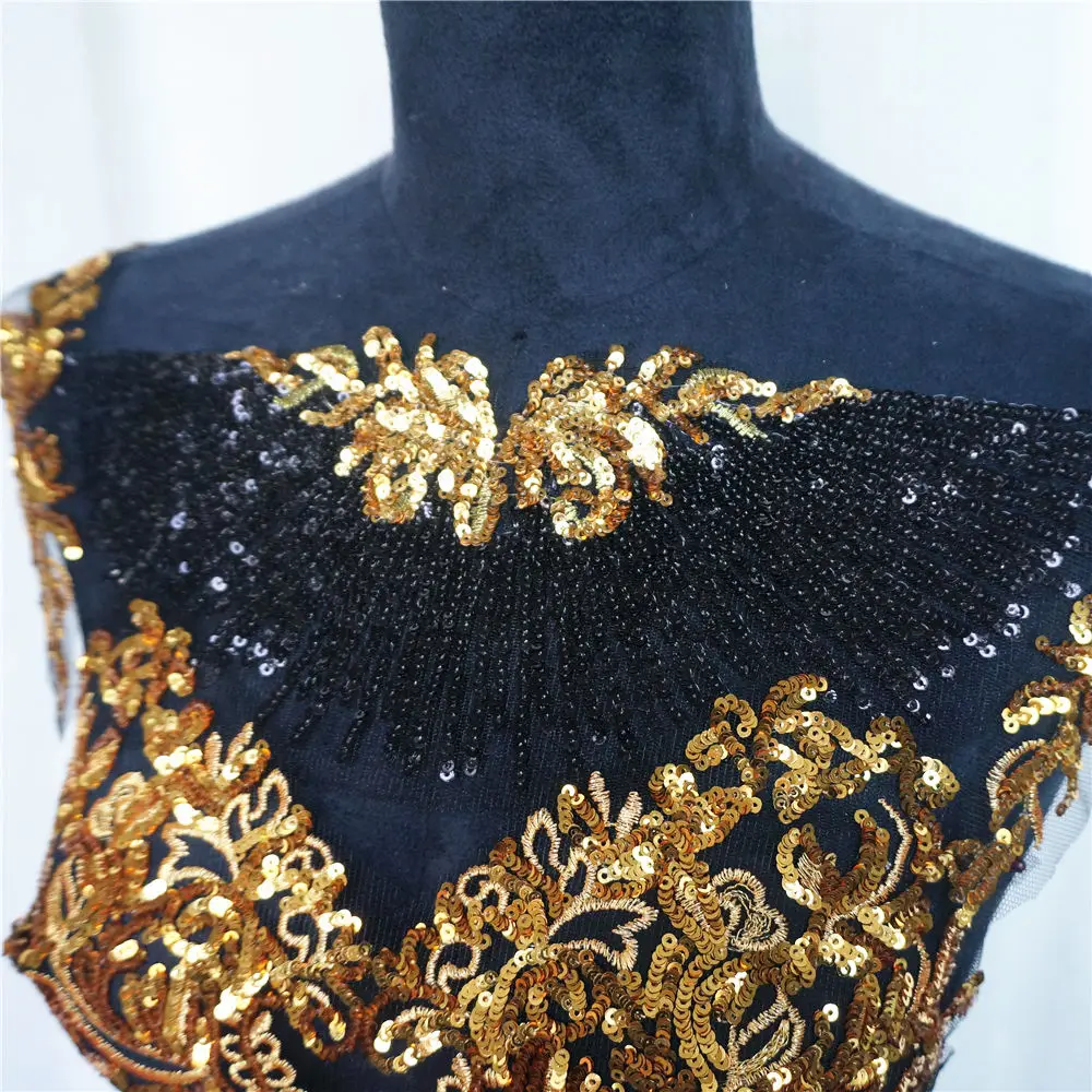 1 sæt sort tyl guld pailletter broderi blonde stof kvast royal noble brudekjole applikation patch krave kjole diy