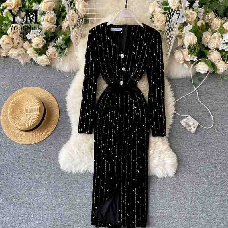 YuooMuoo kobiety jesień aksamitna sukienka elegancka księżyc i gwiazda w paski sukienka biurowa dekolt w szpic z tylnym rozcięciem ołówkowa sukienka Bodycon: czarny / L