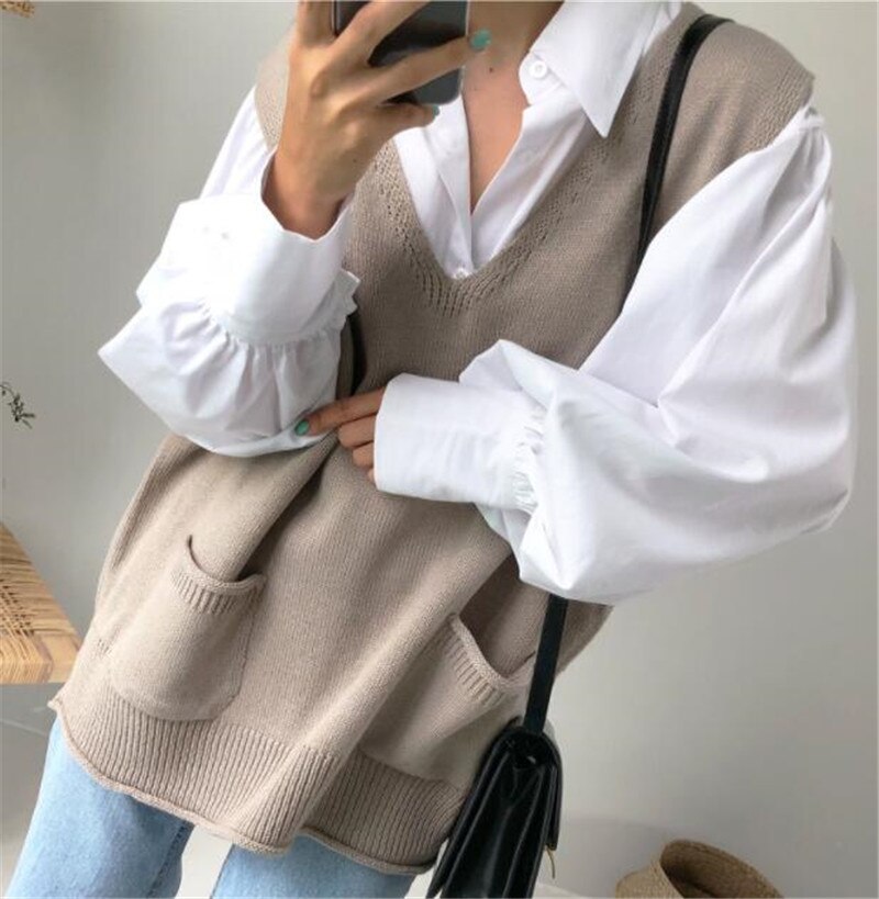 Rugod Herfst Winter Stijl Chic Vintage Effen Kleur Split Vest V-hals Gebreide Trui Mode Kpop Kleding Plus Size