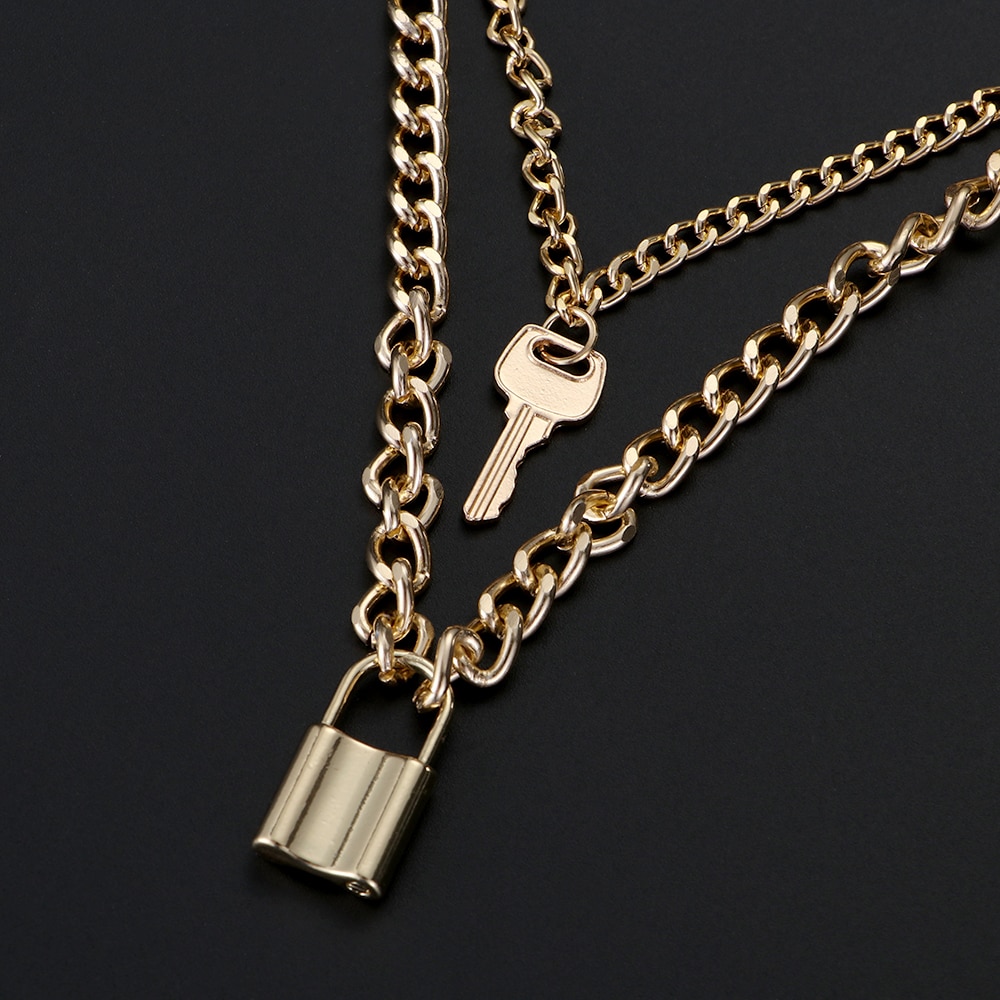 1Pcs Punk Jewelry Gold Silver Color PadLock Pendant Necklace Stainless Steel Rolo Cable Chain Necklace