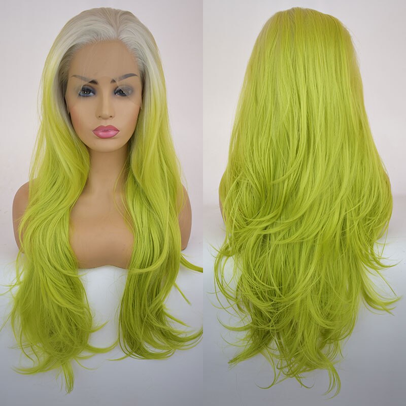 Bombshell White Ombre Green Natural Wave Synthetic Lace Front Wig Glueless Heat Resistant Fiber Hair Side Parting For Women Wigs