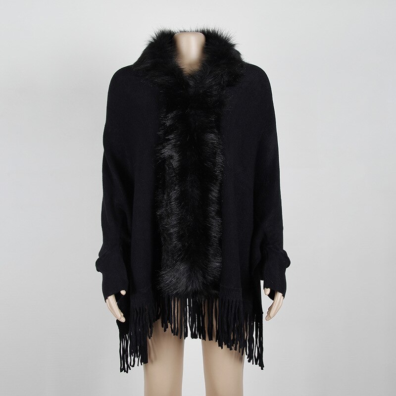 Cardigan strikket sweater kvinder casual streetwear frynsede kappe sjal pelskrave kappe cardigan sweater dame sjal sweater: Sort