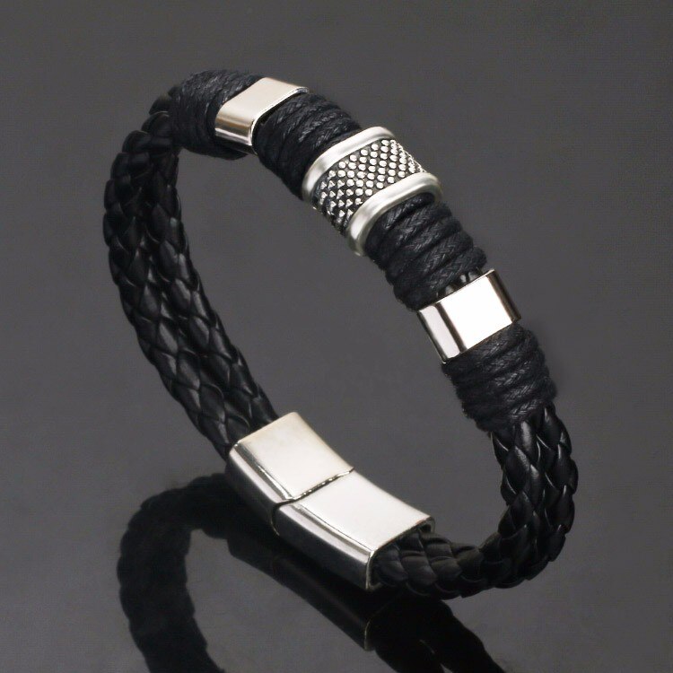 Black Men PU Leather 1PC Punk Boys Unique Zinc Alloy Weave Knit Brown charm Bracelet: Black