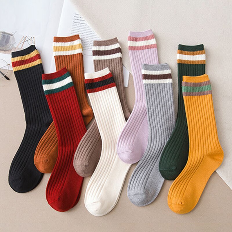 Women Mid Tube Stockings College Style Solid Stripes Socks Breathable Long Socks Bright Color School Style Slender Leg Socks