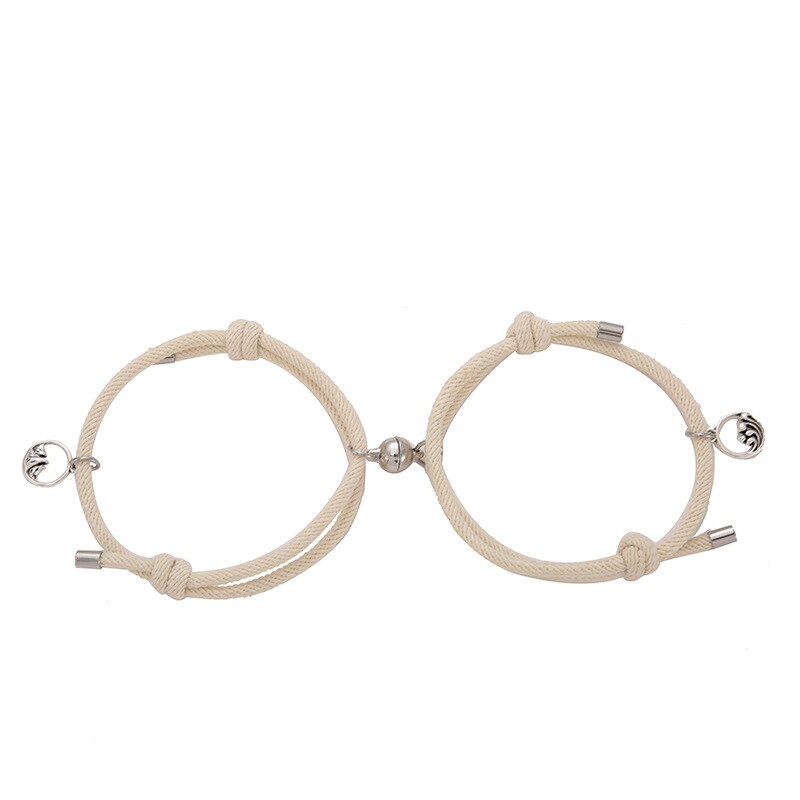 Conjunto de 2 unidades de pulseras para parejas, brazaletes para parejas, Brazalete de cuerda trenzada, imán , distancia,: Beige