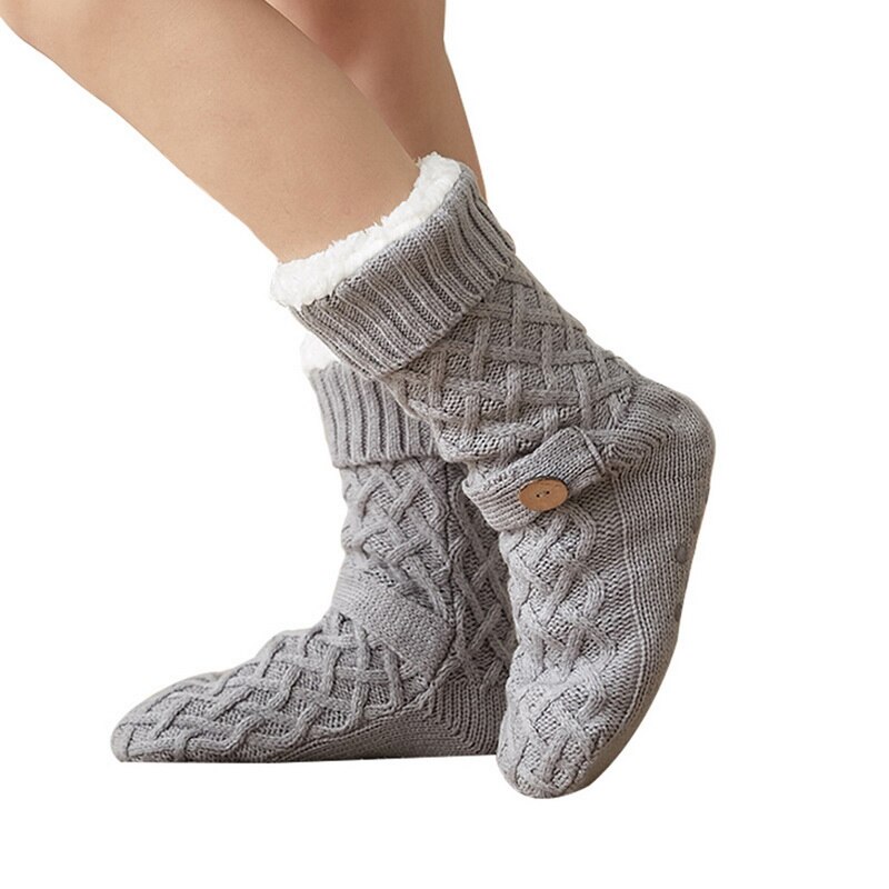 Hiver tricoté femmes chaussettes femmes impression de noël anti-dérapant moelleux corail polaire bouton Tube velours femme chaussettes: light gray