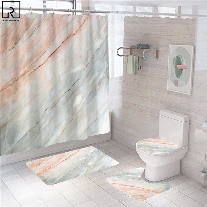 Rideaux de douche en marbre rose, décor brillant pour salle de bain, tissu en Polyester, couverture de toilette, tapis, accessoires de WC