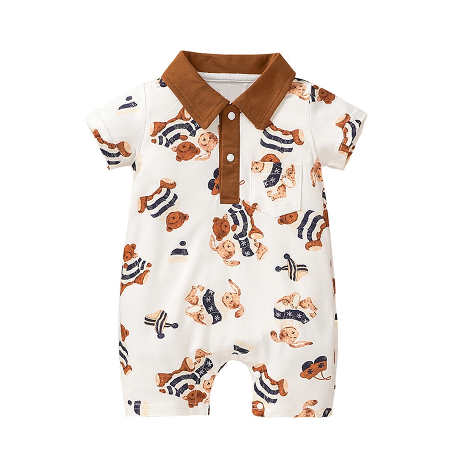 Baby Baby Meisjes Jongens Unisex Toevallige Romper, Korte Mouwen Cartoon Beer Gedrukt Revers Patchwork Jumpsuits