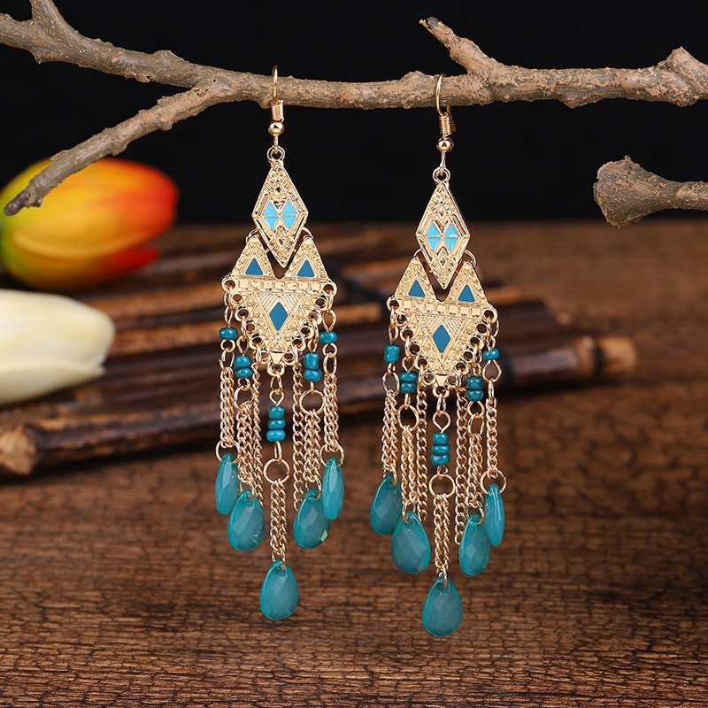 Pendientes de gota de cristal azul bohemios Vintage para mujer, aretes largos étnicos de arroz de colores, cadena dorada, borla, joyería femenina