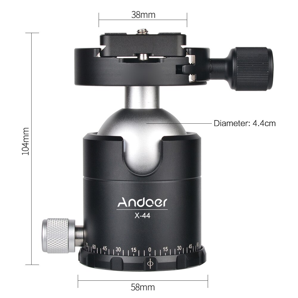 Andoer-Cabeza de trípode de aleación de aluminio X-44S CNC, cabeza de trípode con tornillo de 1/4 &quot;y 3/8&quot;, rotación de 360 grados