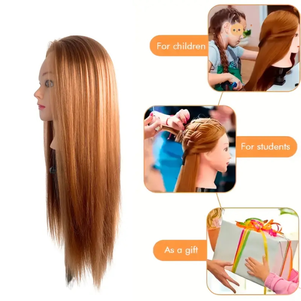 Synthetic Fiber Hairdresser Practice Styling Training Head, Human Model Doll Head, with Free Rubber Band and Hairdressing Tools