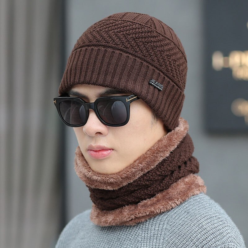 Calymel Winter Hat Scarf Set Men's Wool Hat Casual Warm Knit Hat Outdoor Riding Ski Cap Set: G41 brown