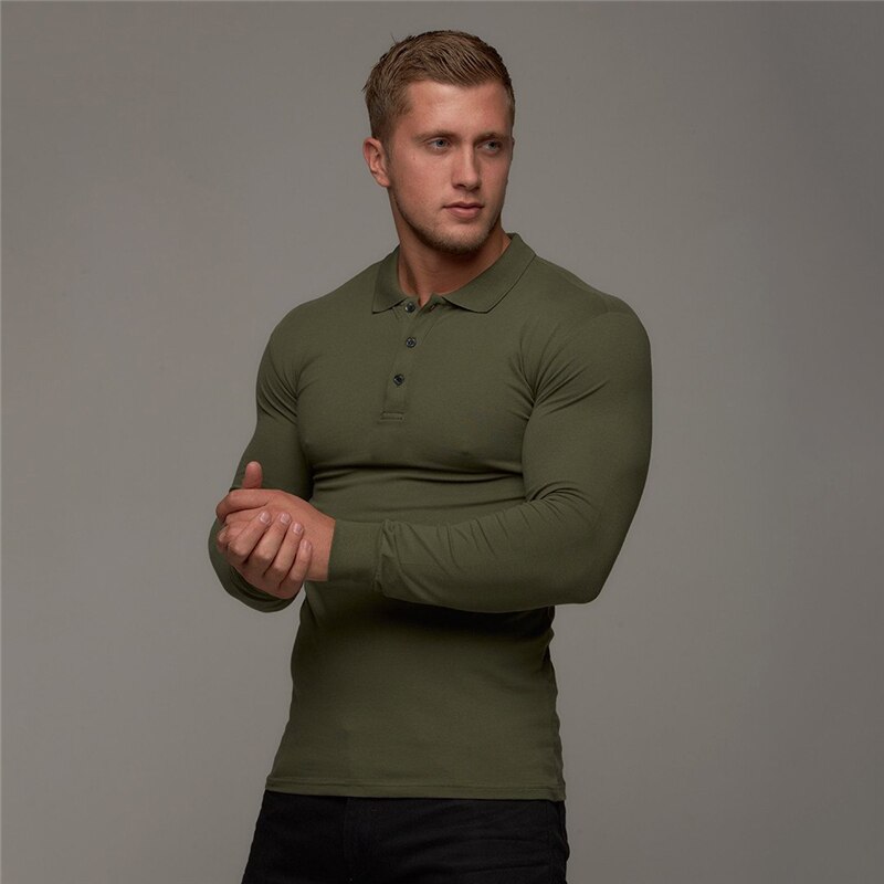 Vår høst poloskjorte herre bomull slank passe polo menn vanlig treningsstudio Fitness pustende virksomhet langermet poloskjorte: Militærgrønn / Xxl