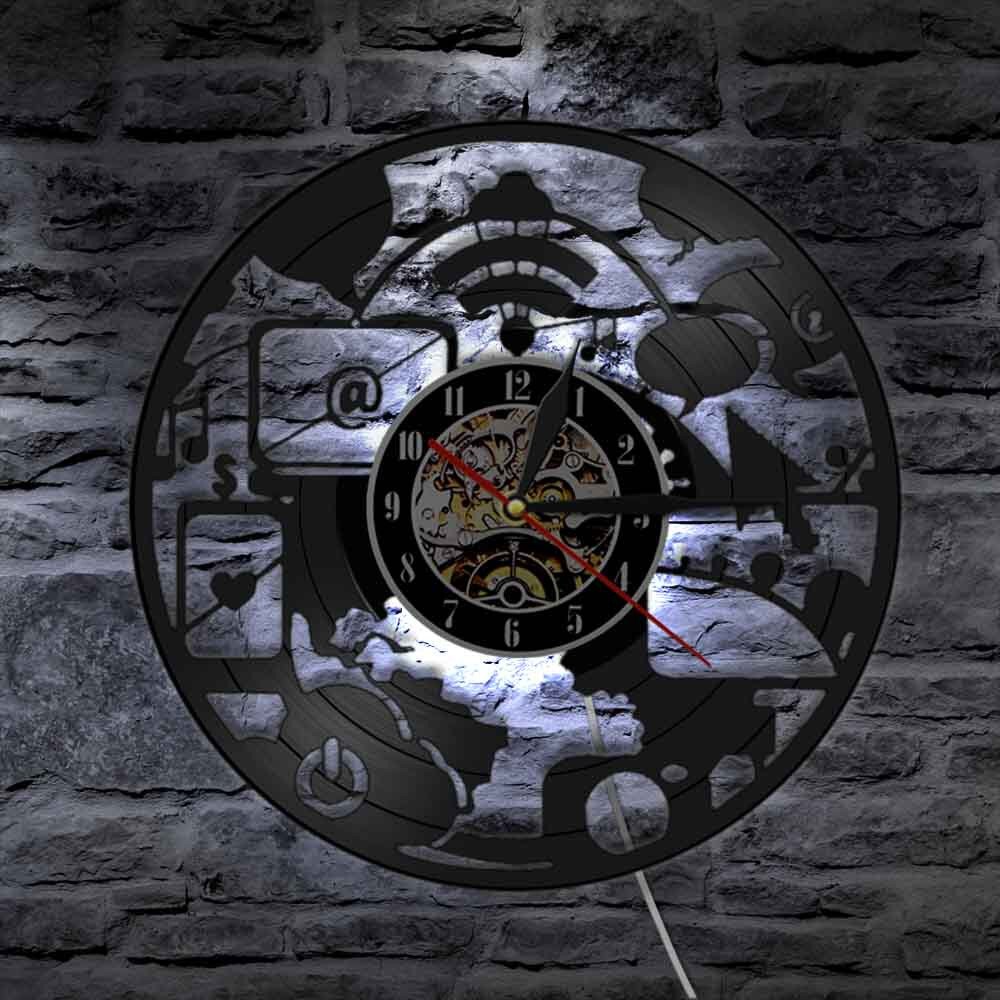 Geek – horloge murale Chic et moderne pour ordinateur, décoration artistique, bureau, ingénieurs, disque vinyle, Vintage, idée Geek Nerd: With LED