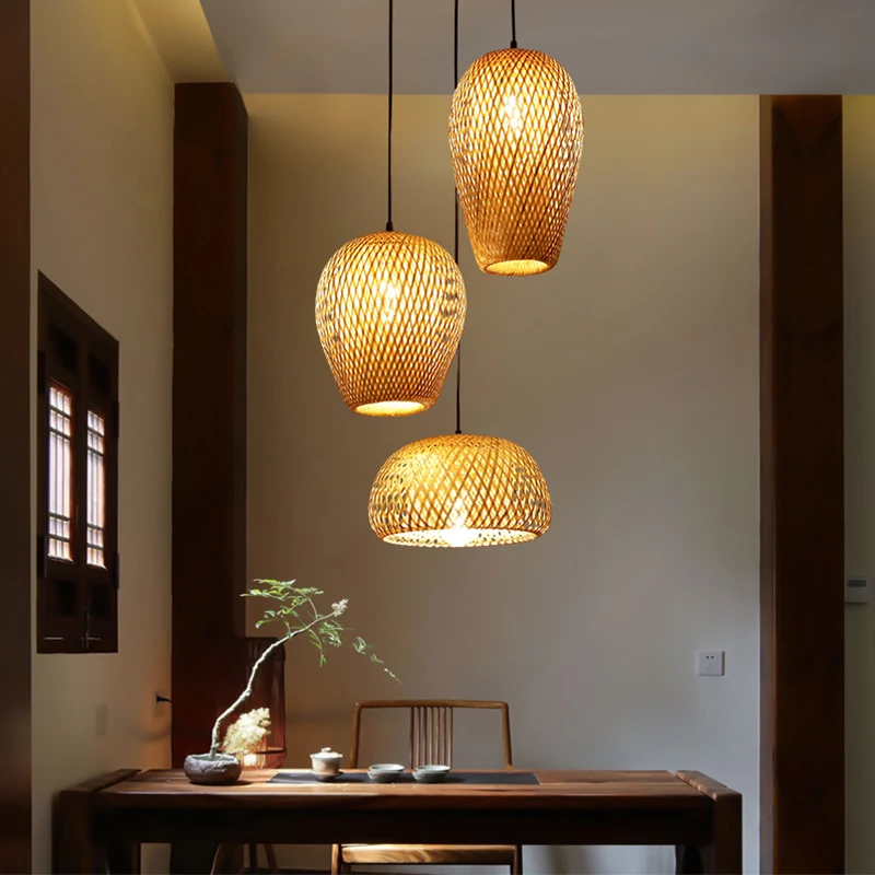 Lustre japonais en rotin de bambou naturel, lampes suspendues tissées à la main, abat-jour en osier, Suspension d'éclairage E27
