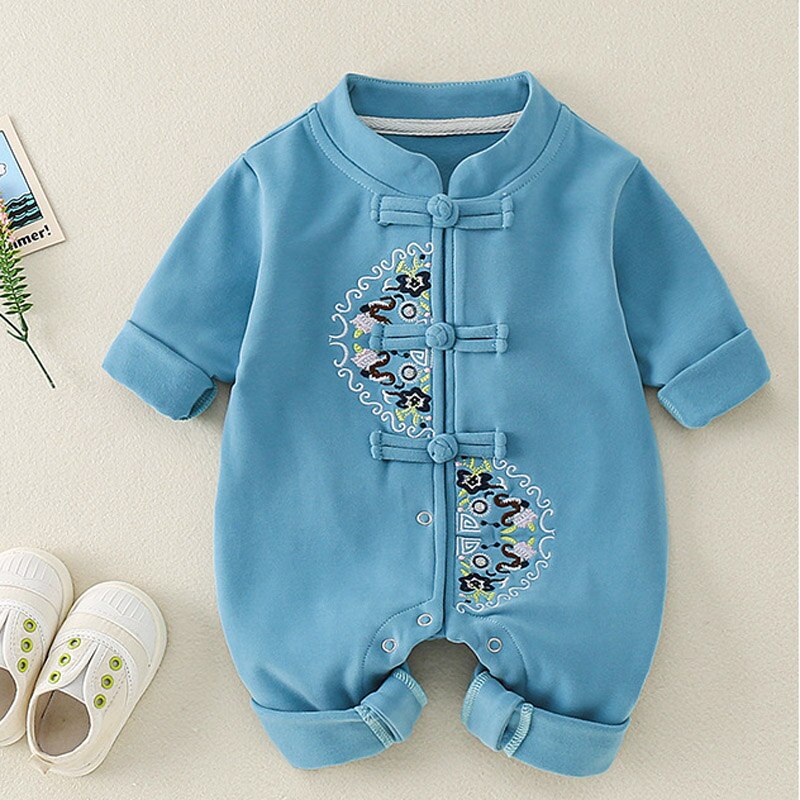 Baby boy jumpsuit Chinese style full moon baby crawling suit: Blue / 3M