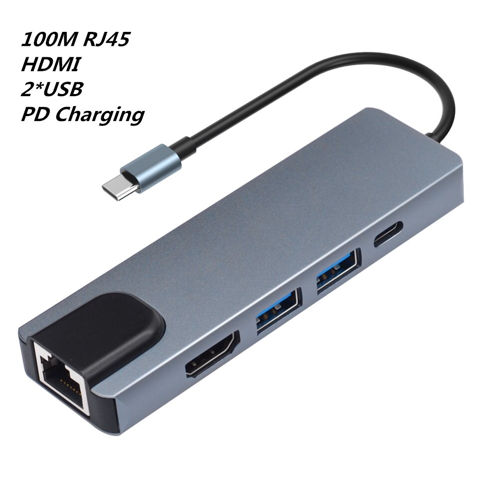 Tipo c doca estação hdmi-compatível usb3.0 rj45 pd USB-C hub 4k portátil portátil pd carregamento sd & tf adaptador docking station usb c: 5 in 1 rj45100M