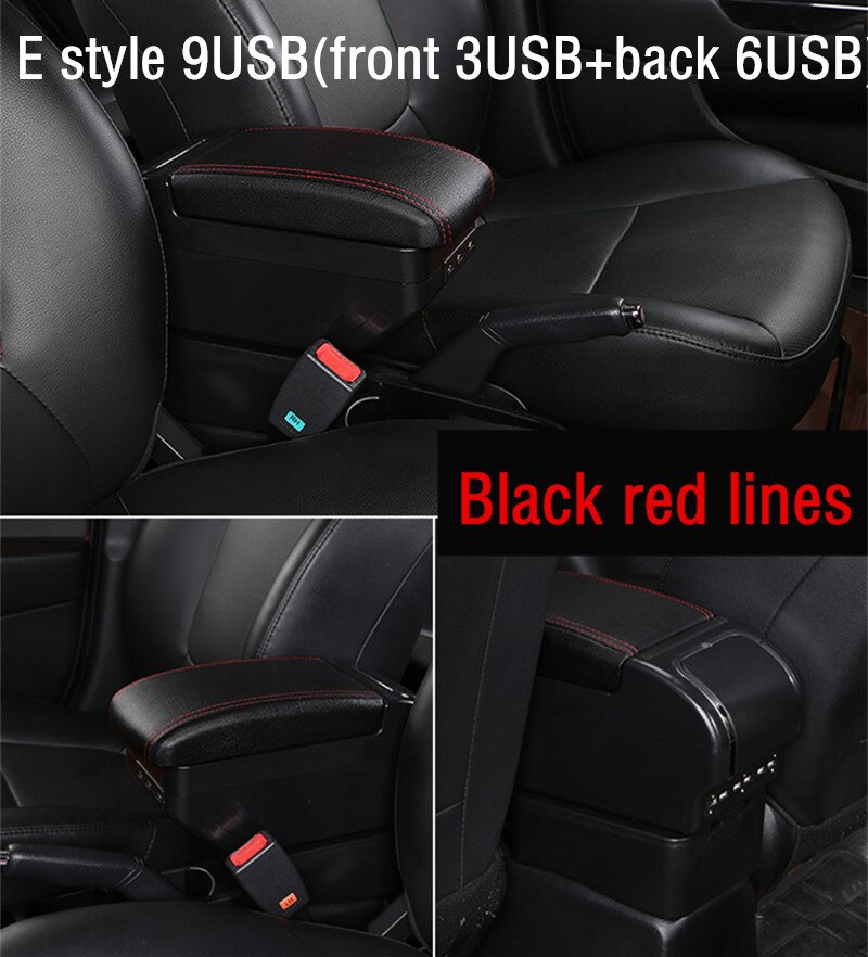 For Hyundai I20 armrest box central Store content Storage box hyundai armrest box with cup holder ashtray 9USB interface: E Style Black Red