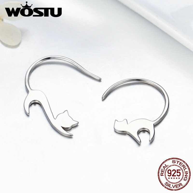 Wostu Pure 925 Sterling Zilver Asymmetrie Dier Loving Leuke Kat Haak Oorbellen Vrouwen Unieke S925 Sieraden Meisje CQE073