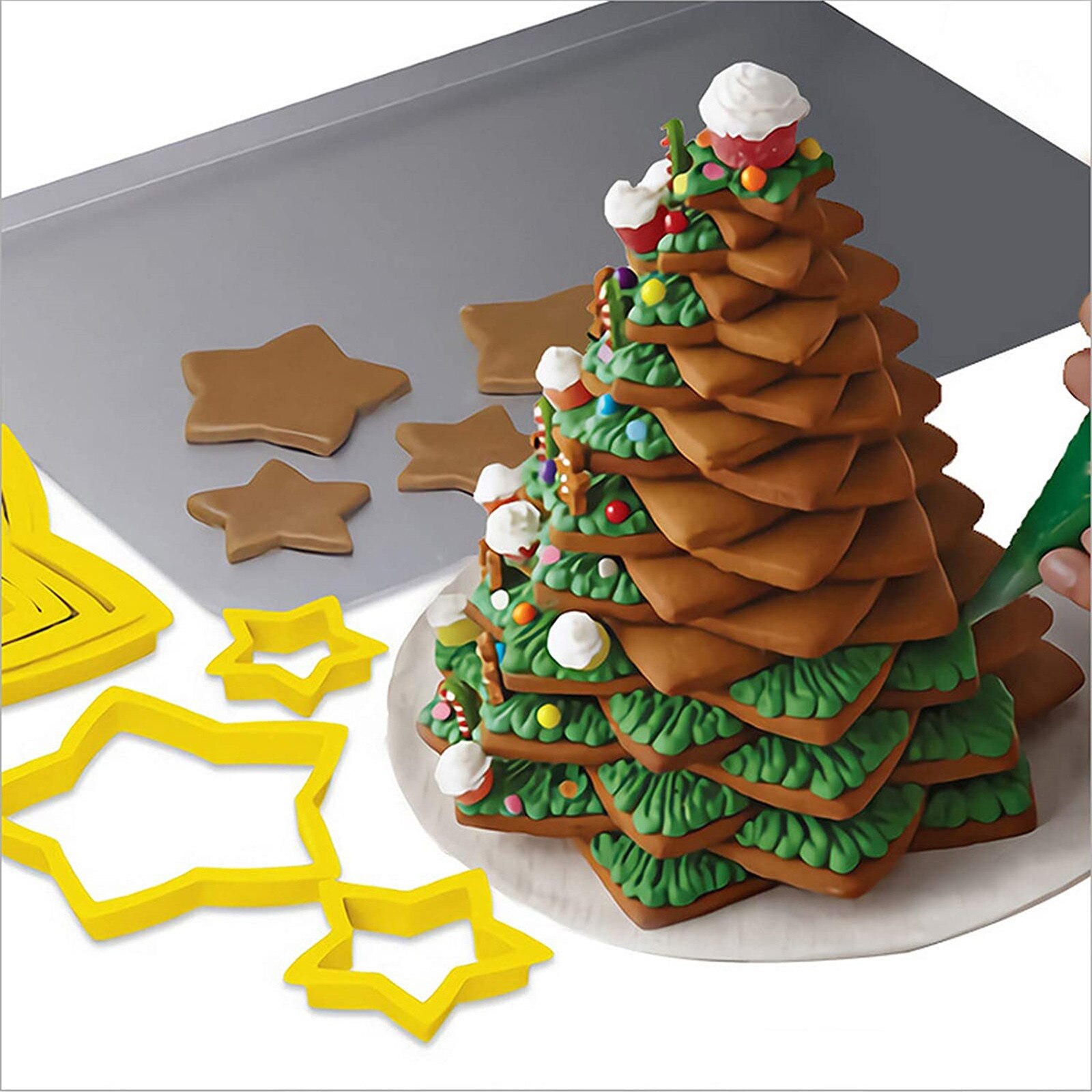 6Pcs Kerstboom Cookie Mold, Ster Vorm Fondant Cake Biscuit 3D Decoratie Tool, Bakvorm