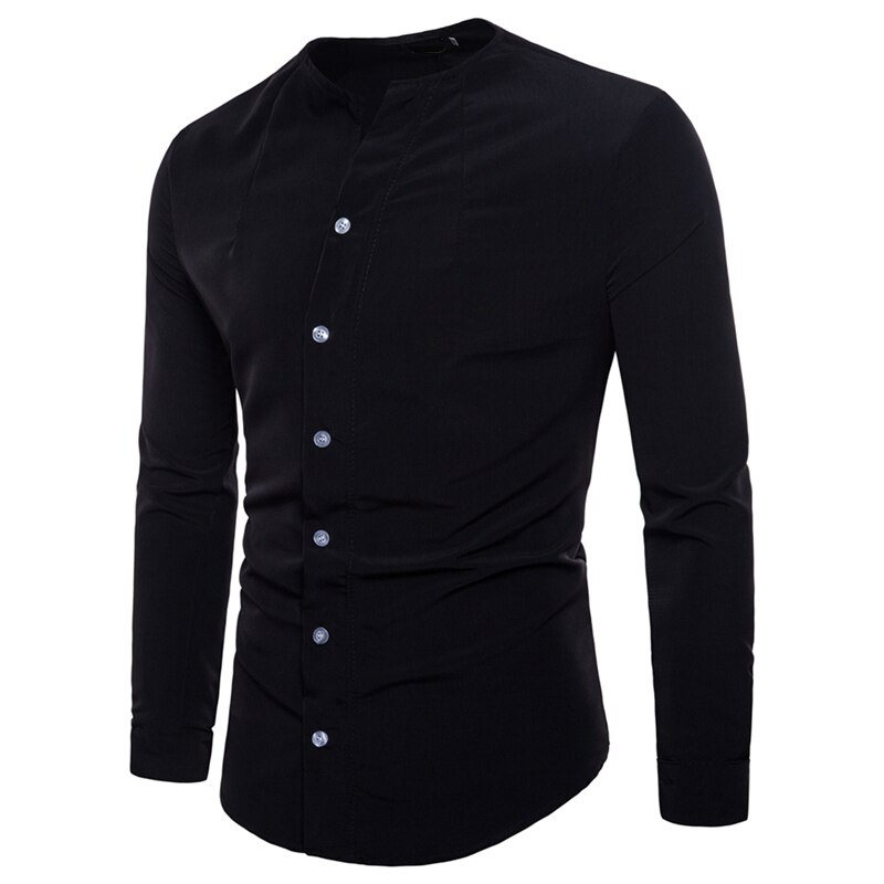 Herrskjortor med rund hals för män manlig höst casual långärmade skjortor slim fit enfärgad svart vit skjorta toppar m -2xl: Svart / Xxl