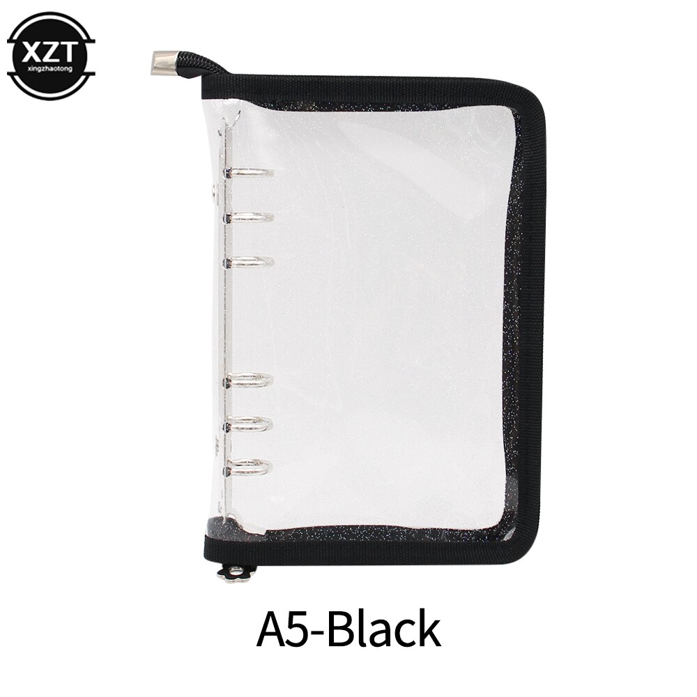 A5 A6 Loose-Leaf Notebook Cover Glitter Zipper PVC Notebook Korean Stationery Diary 6 Hole Binder Clip Notebook Office Planner: A5-BLACK