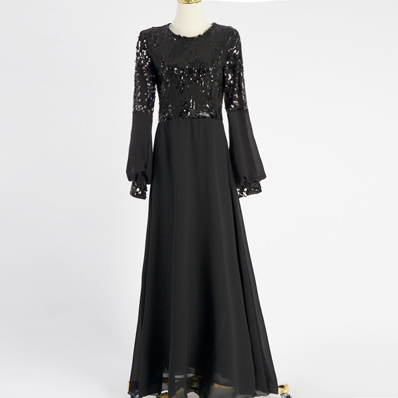 Chiffon pailletter abaya dubai hijab muslimsk aftenkjole kvinder pakistan kaftan tyrkiet islamisk tøj kaftan marocain kjoler kåbe: Sort kjole / Xxl