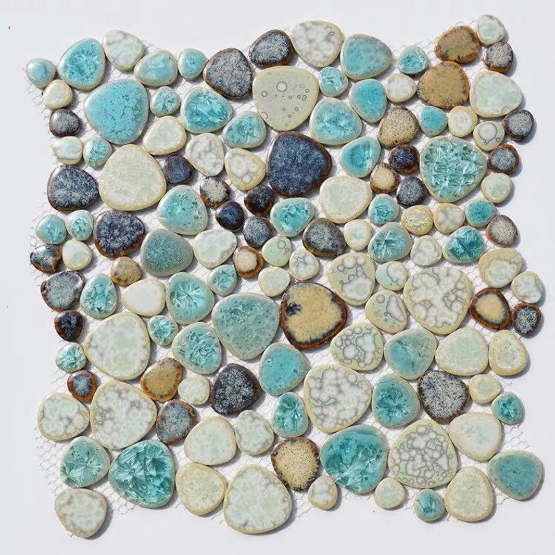 Glazed Green Beige Pebble mosaic PPMTAJ09 Ceramic Porcelain Kitchen Backsplash Bathroom Wall Tile