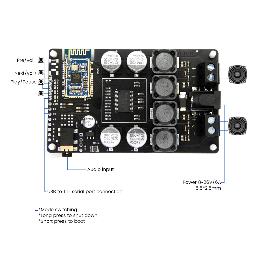 AIYIMA TPA3118 wzmacniacz Bluetooth karta Audio 2x30W Stereo wzmacniacz mocy Aux Support Port szeregowy zmiana nazwy hasło
