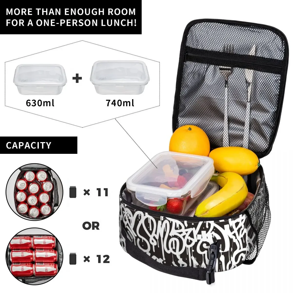 Lunch Bag Abstract Graffiti Convenient Lunch Box For Women Black And White Office Cooler Bag Oxford Thermal Lunch Bags