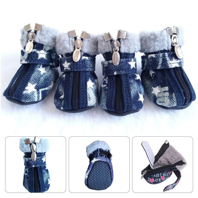 4pcs/set Warm Dogs Puppy Shoes Denim Snow Booties Feetwear for Dog Cats Cute Anti Slip Zipper Casual Sneakers Lovely Pet Shoes