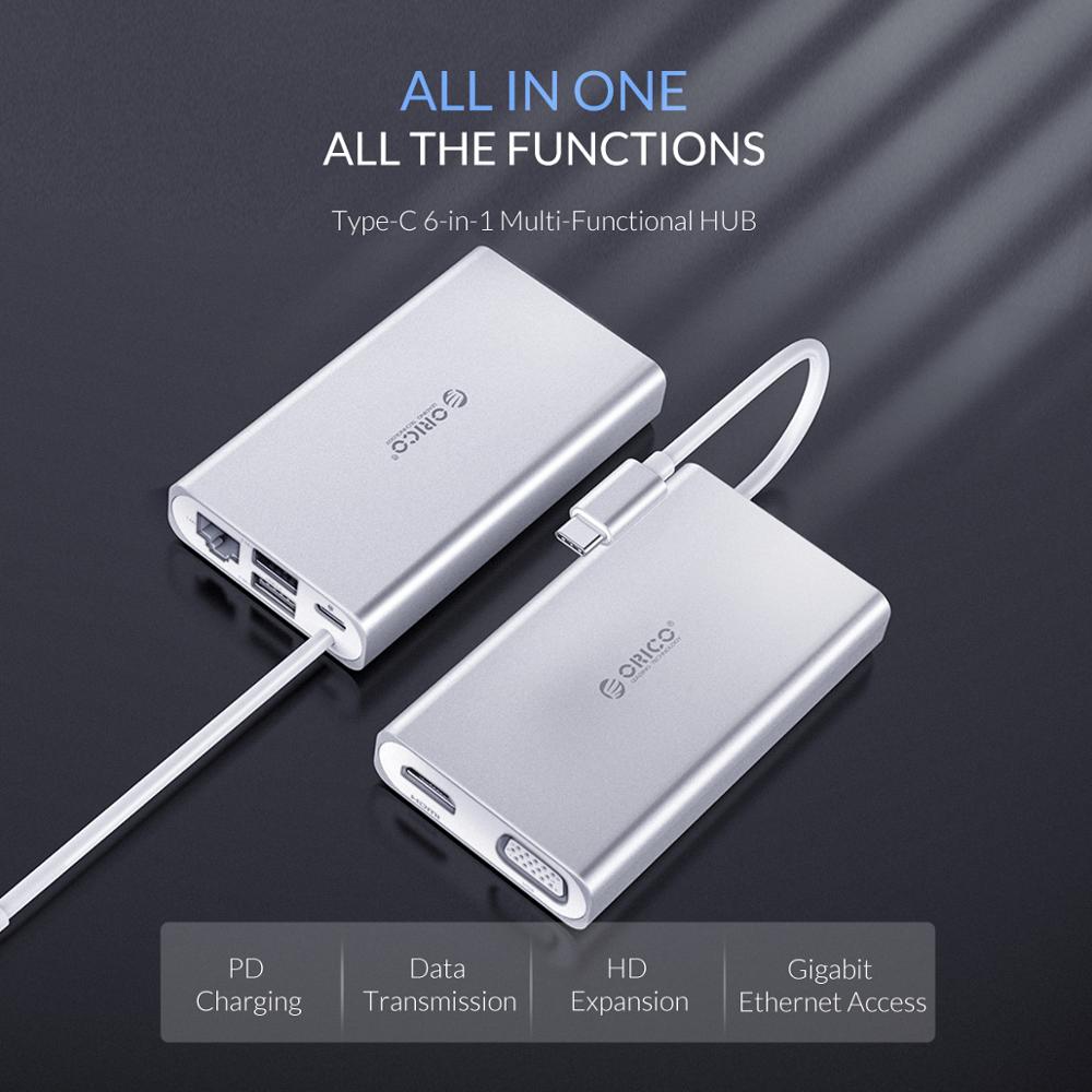 ORICO 6-in-1 USB C Hub met PD Opladen Laptop Docking Station 4K Video HD RJ45 netwerk Converter USB HUB voor MacBook Pro