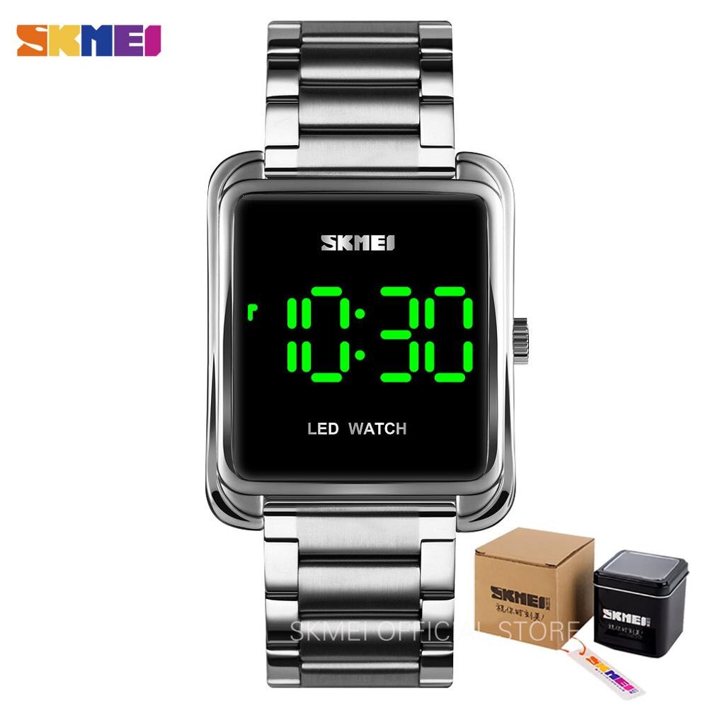 Skmei led digital klocka herr vattentät date herr digitala armbandsur i rostfritt stål tunn elektronisk klocka 1505: Silver med låda