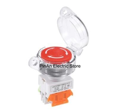 22mm Mushroom Latching Emergency Stop Push Button Switch Red With Waterproof Cover 1NO 1NC
