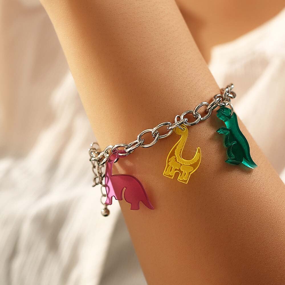 1Pcs Cute Acrylic Dinosaurs Bracelets Candy Colors Resin Cartoon Animal Bracelet Birthday Girls Women Handmade Jewelry